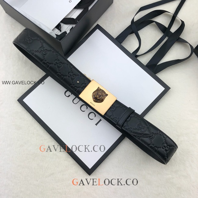 Gucci Monogram Leather Belt Brass Square Tiger Decor Buckle